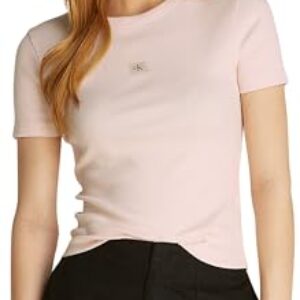 Calvin Klein Camiseta de Manga Corta Mujer Woven Label Rib tee Slim Fit, Rosa (Silver Peony), XXL