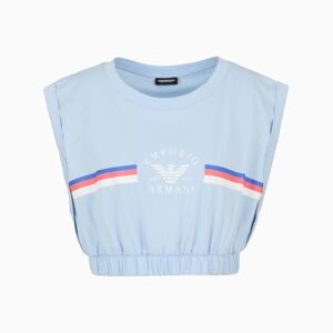 EMPORIO ARMANI Camiseta corta con logotipo para mujer, color azul, talla L, azul claro, L