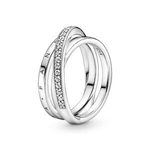 PANDORA Signature Anillo de triple banda cruzada con engaste pavé de plata de ley y circonitas cúbicas transparentes, talla 52