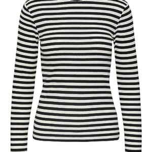 PIECES Pcruka LS Top Noos, Camiseta de Manga Larga para Mujer, Cloud Dancer/Stripes: Negro, XS
