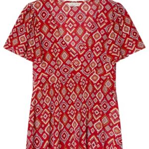 Springfield Printed Pleated Top with V Neck Camiseta con Cuello En V, Rojo, M Mujer