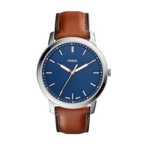 Fossil Reloj para hombre The Minimalist, movimiento de cuarzo, caja de 44 mm de acero inoxidable plateado con correa de piel, FS5304, Azul/Marrón