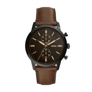 Fossil Reloj para hombre Townsman 44mm, movimiento cronógrafo de cuarzo, caja de 44mm de acero inoxidable negro con correa de piel, FS5437